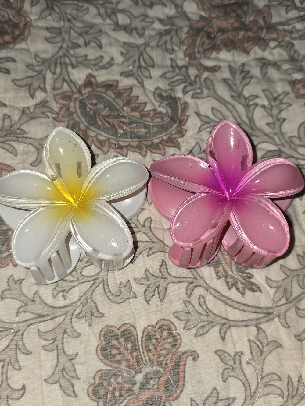 Plumeria Flower Hair Claw Clips - White & Pink